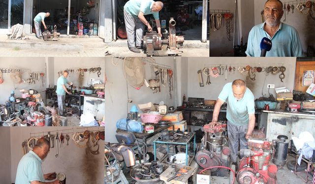 İlerleyen yaşına rağmen yarım asırlık tecrübesiyle sulama motorlarını tamir ediyor